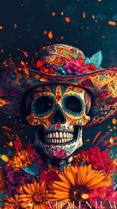 Colorful sugar skull in blooming marigolds and bright florals.