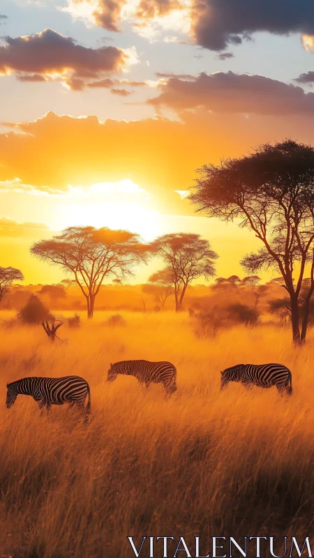 Zebras graze in tall golden grass under intense African sunset