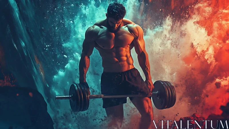 Muscular athlete lifts barbell amid fire and water clash.