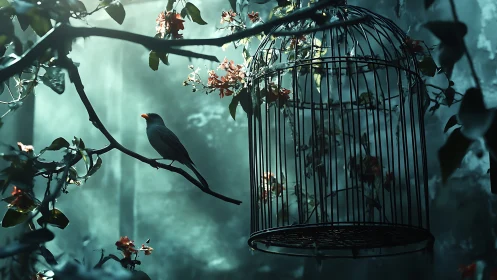Bird on branch beside empty cage in misty teal forest.