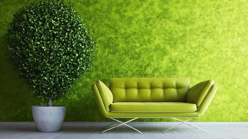 Lime green modern sofa with topiary against textured accent wall
