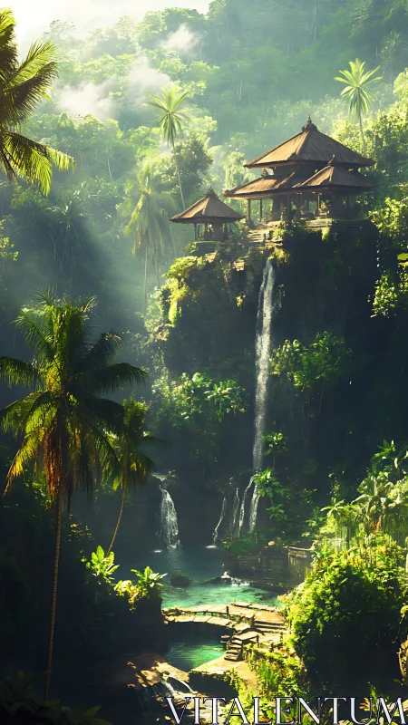 Tropical cliff temple above emerald jungle waterfalls.