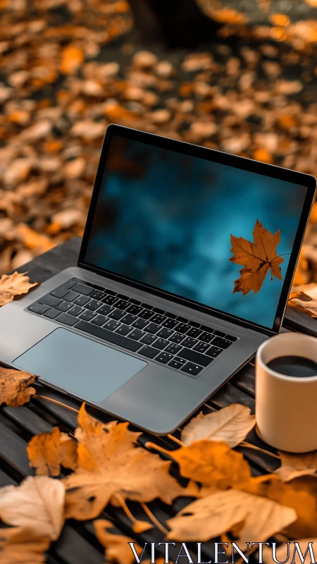 Laptop and coffee invite focused autumn work outdoors