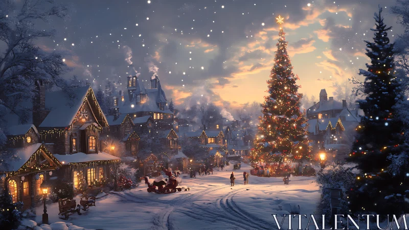 Snowy village Christmas eve wrapped in golden lamplight.