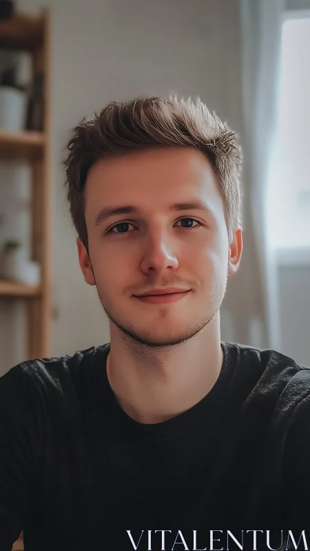 Soft morning portrait in a calm, sunlit home studio.