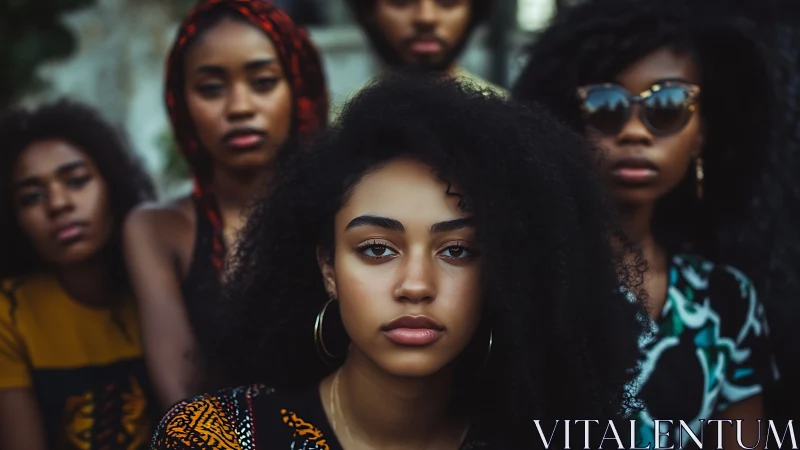 Confident young woman with friends, vibrant urban portrait style.