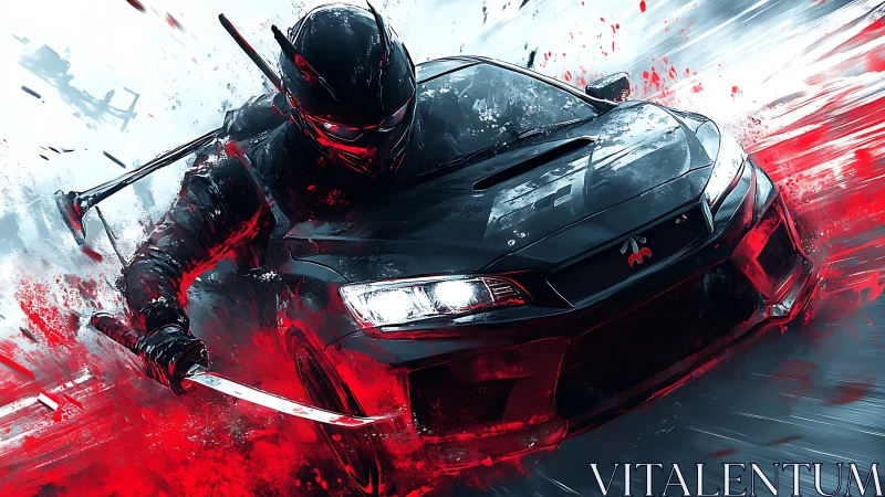 Armored biker with katana riding aggressive race car.
