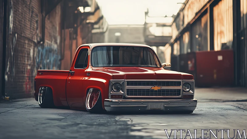 Low-slung red Chevy pickup prowls a quiet industrial canyon