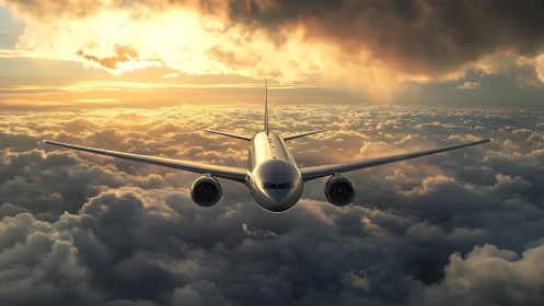 Passenger jet flying above dense clouds at dramatic sunset.