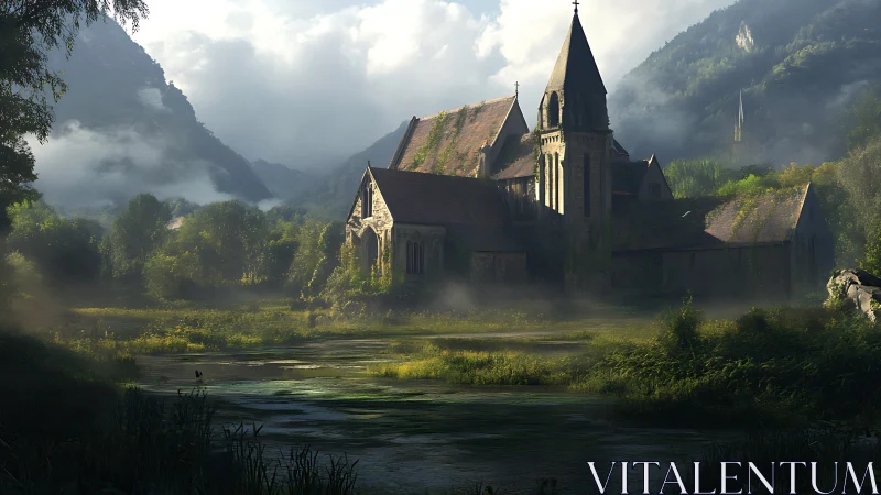 Morning fog braids silence around a mossy riverside abbey