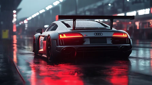 Rear view of Audi race car on wet illuminated pit lane.