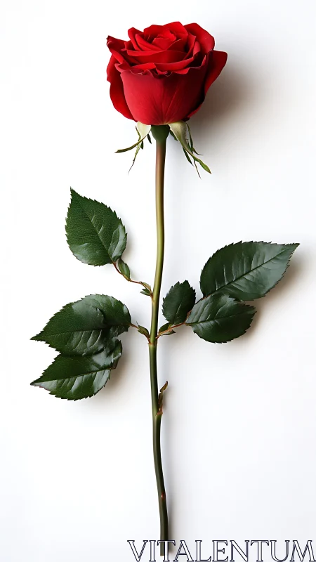 Single Red Rose Specimen with Fully Articulated Petals and Foliage Structure
