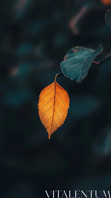 Backlit autumn leaf captured with shallow depth and high contrast