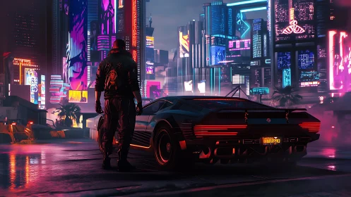 Figure and vehicle stand before dense neon cityscape at night