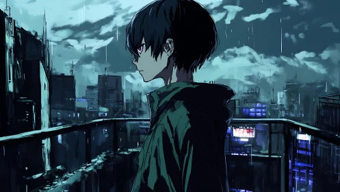 Solitary rooftop watcher in neon-drenched midnight rainstorm.