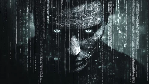 Cybernetic human face emerging through cascading matrix code