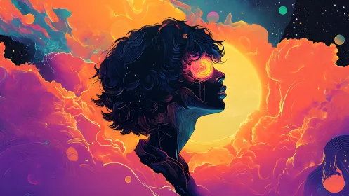 Dreamlit cosmic portrait of a stargazer in neon clouds.