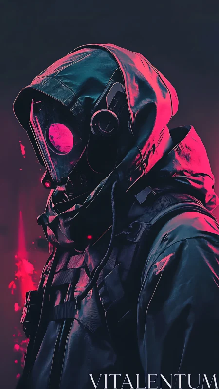 Hooded cybernetic scout in neon magenta rim light with respirator mask