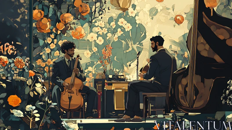 String duet performing in floral garden interior scene.