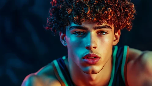 Moody athletic portrait under bold teal orange lighting.