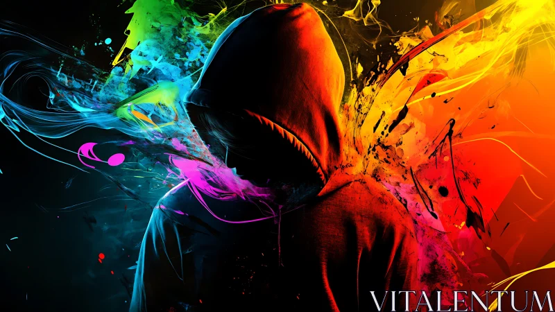 Hooded silhouette dissolving into neon explosive color field.