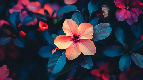 Backlit flower with coral petals glows among cool-toned foliage