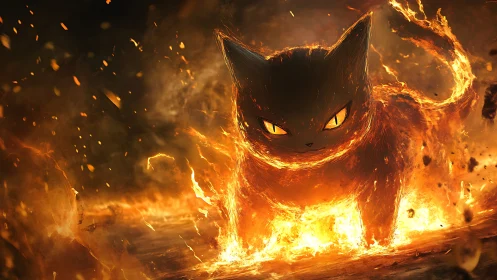 Fire-Engulfed Feline Silhouette With Incandescent Features.