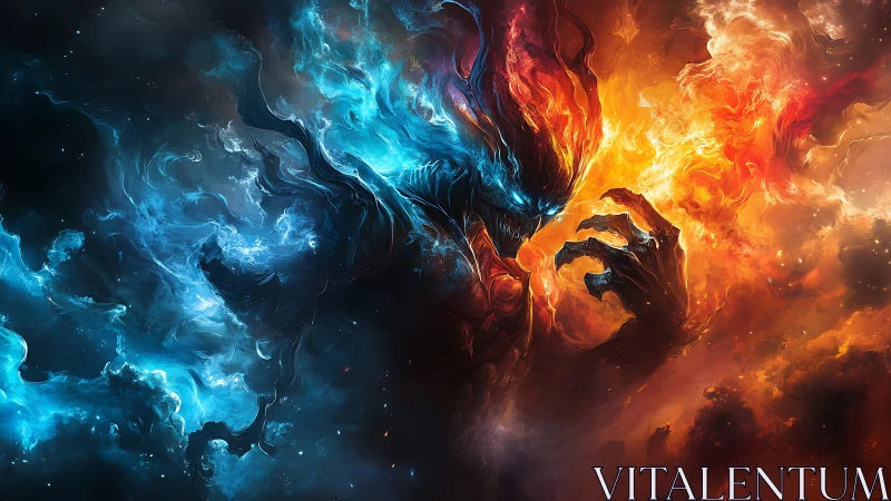 Elemental humanoid figure in blue and orange energy clouds.