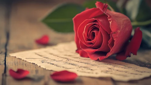 Crimson rose on handwritten letter with fallen petals.