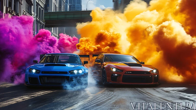 Twin tuner street racers cutting through neon smoke clouds