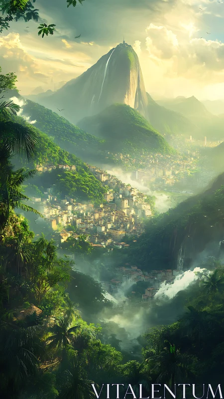 Sunlit mountain city embraced by misty emerald jungle.