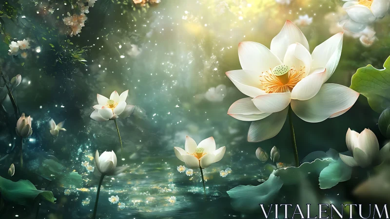 Iridescent lotus blossoms over misted pond in diffuse light