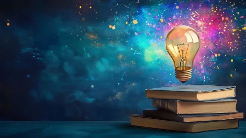 Spark-lit pages crown a floating bulb of wild ideas.