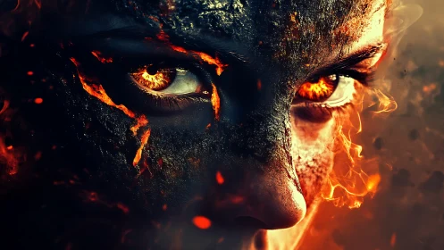 Infernal gaze emerging from molten, cracked visage.