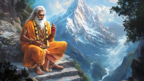 Hindu sage seated on mountain ledge before snowy peak.