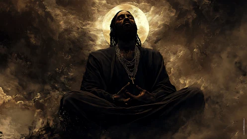 Soulful figure meditating in warm moonlit golden clouds.