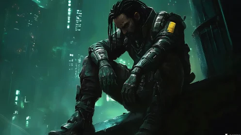 Solitary cyberpunk operative in rain-soaked neon megacity night