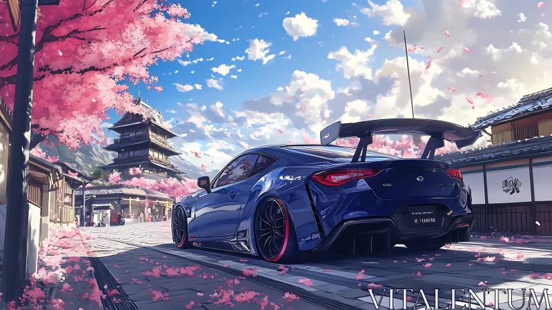Blue sports car under cherry blossoms in old Japan.