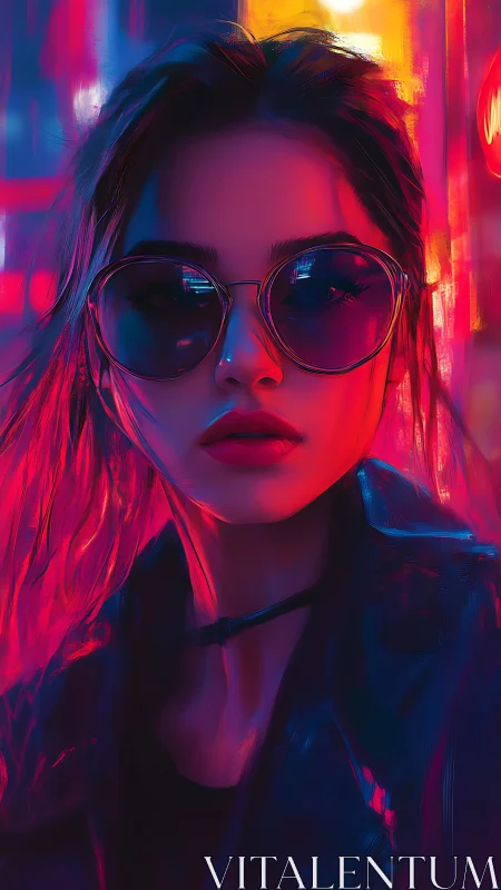 Neon night siren in oversized shades and electric glow.