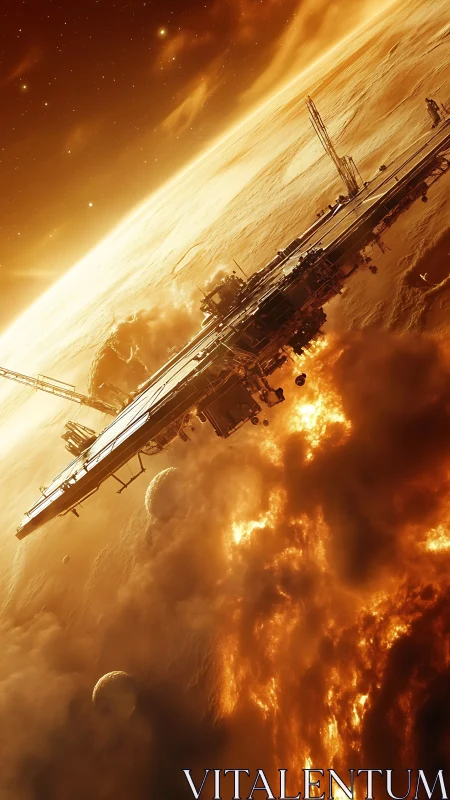 Sunlit space station drifting over a blazing golden world.