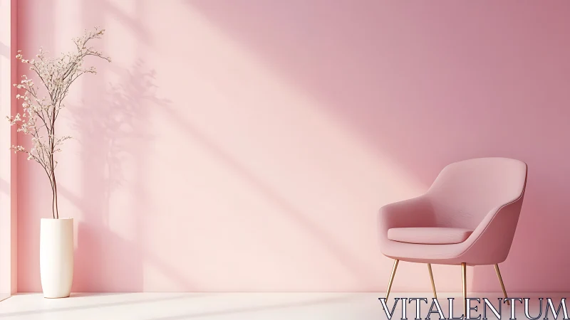 Minimal pink lounge corner with chair and floor vase.