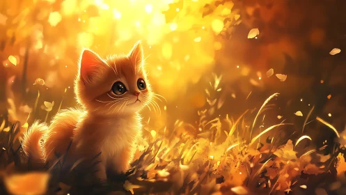Kitten in Golden Autumn Field with Warm Bokeh Lighting