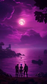 Three armed figures stand by a moonlit magenta sea