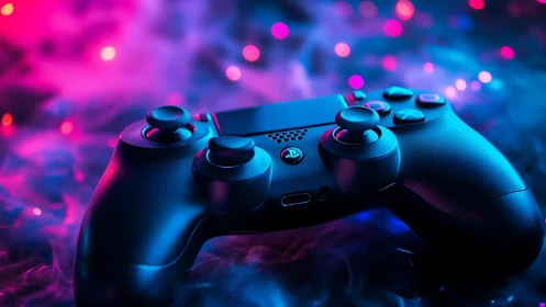 Gaming controller bathed in neon pink and blue light.