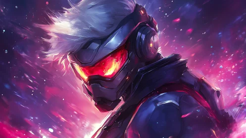 Cybernetic warrior ignites neon storm in deep space.