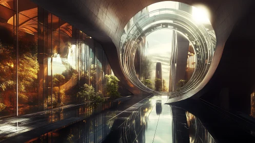 Futuristic underground tunnel with circular portal and water reflection