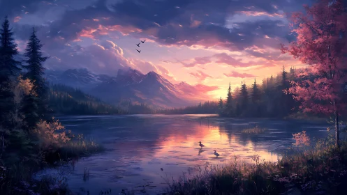 Mountain lake sunset reflects colorful sky and forest