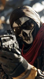 Skull-masked sniper aiming rifle in tactical desert scene.