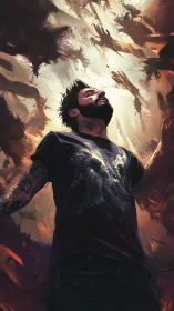 Ink-clad dreamer embracing swirling spectral skyward storm.