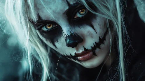Gothic skull makeup portrait with intense amber eyes.